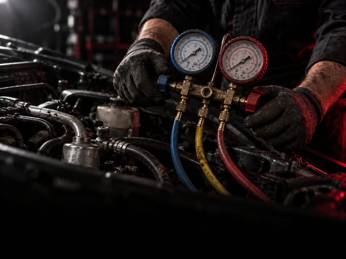 Air conditioning manifold gauge set connected over an engine bay