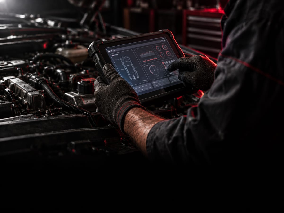 Automotive diagnostic tablet held over an open engine bay