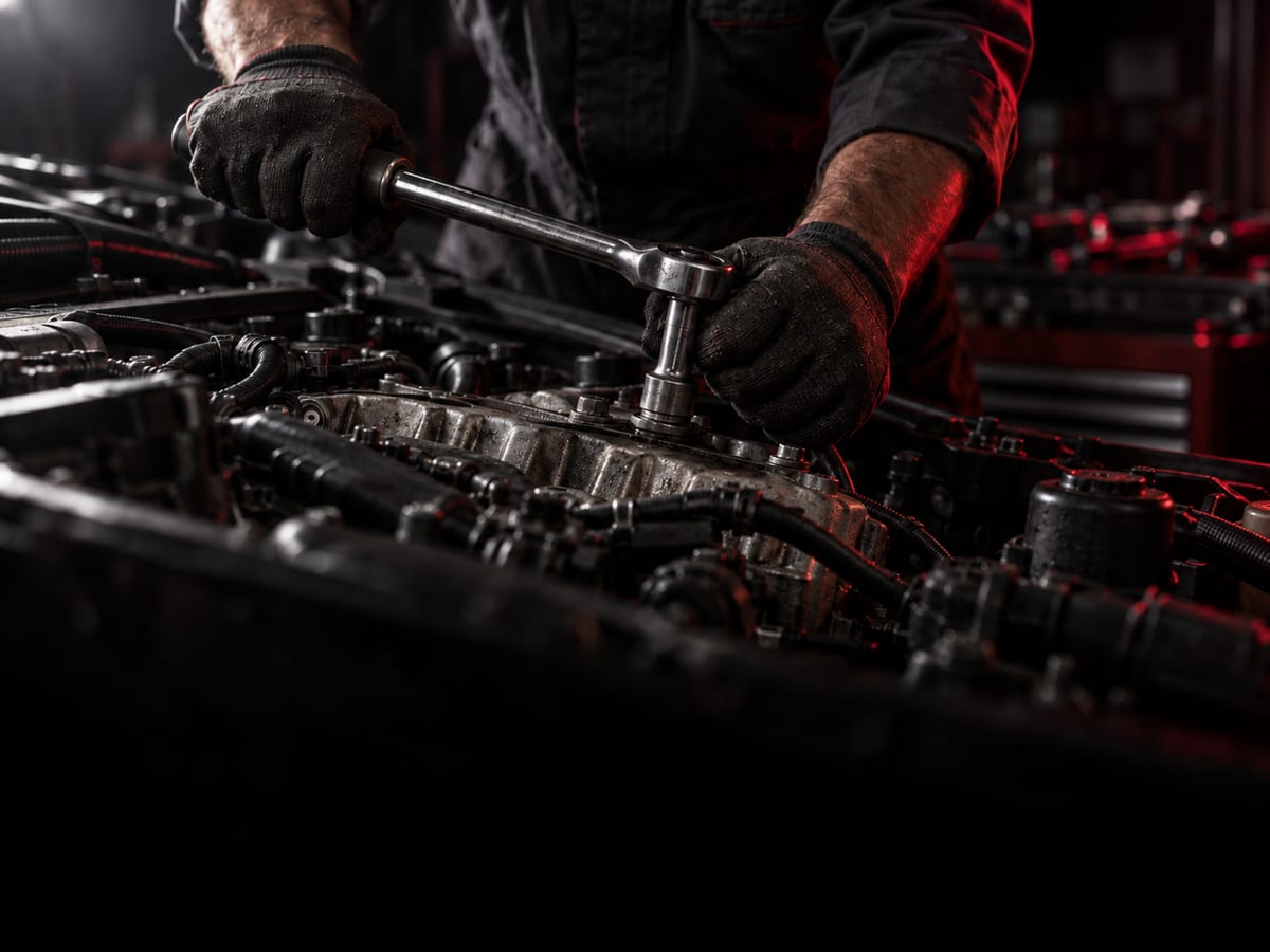 Gloved hands turning a socket wrench on an engine block in the workshop