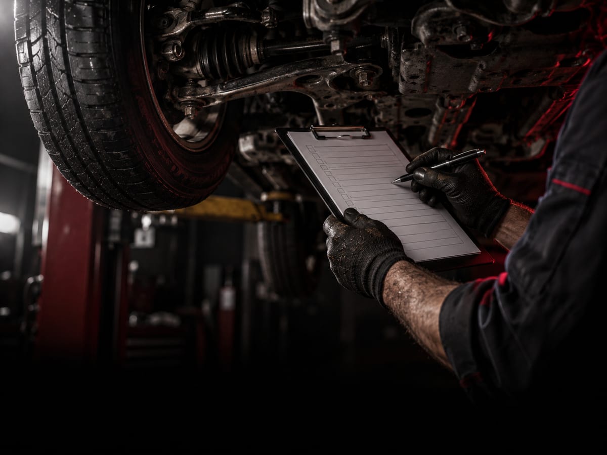 Inspection checklist on a clipboard beneath a vehicle raised on a hoist