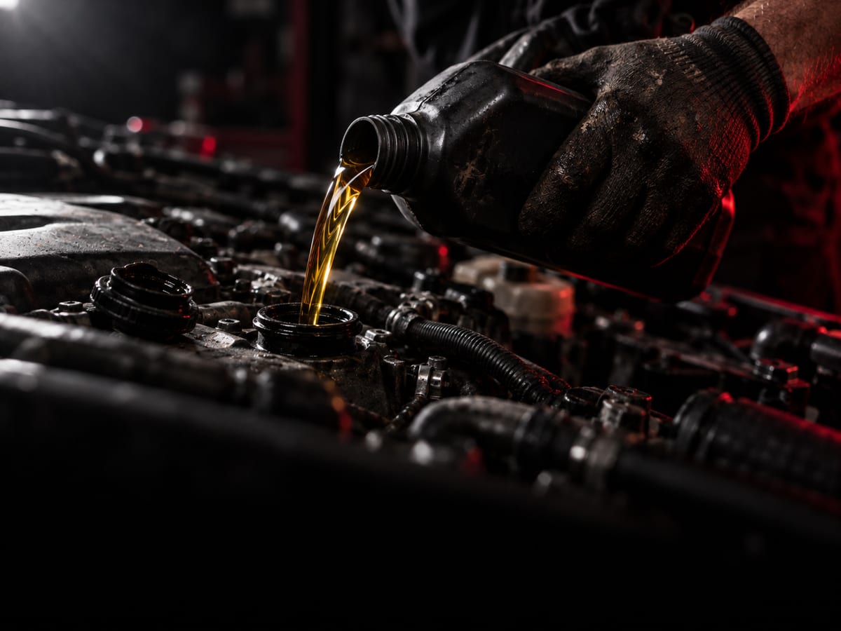 Fresh engine oil being poured into the filler neck during a service