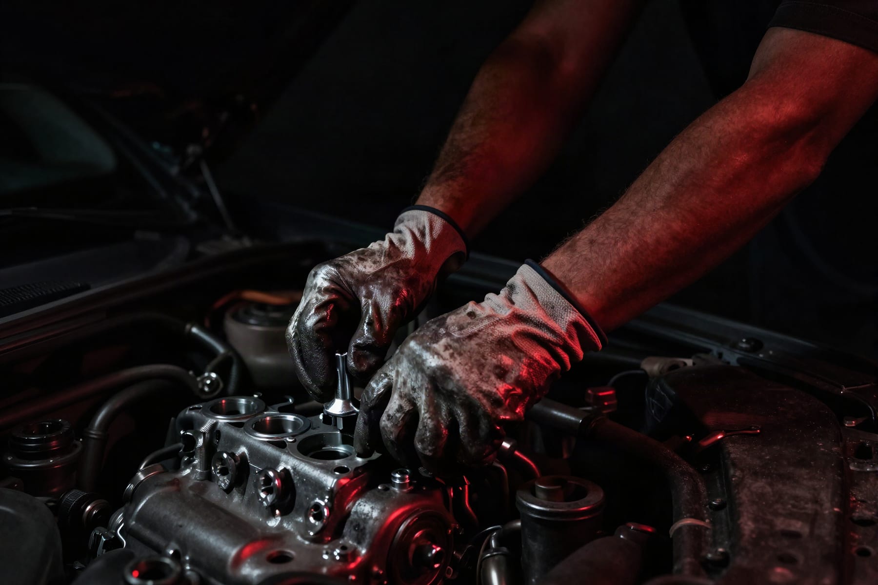 Gloved hands fitting a valve to an engine cylinder head in a workshop
